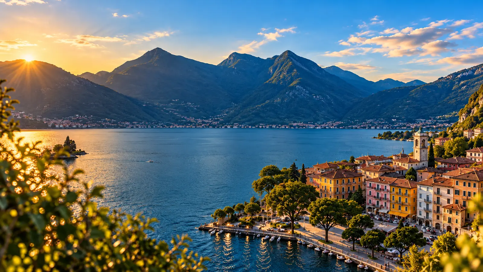 Tramonto sul Lago d'Iseo con le montagne e il borgo di Lovere