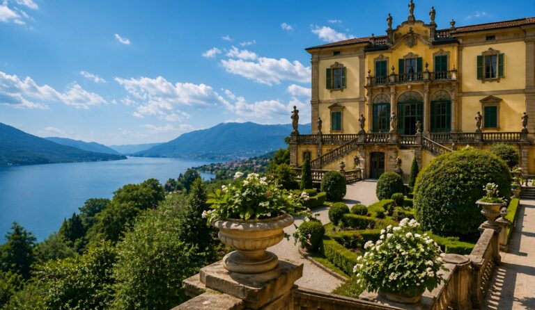 A historic villa with a garden overlooking the lake